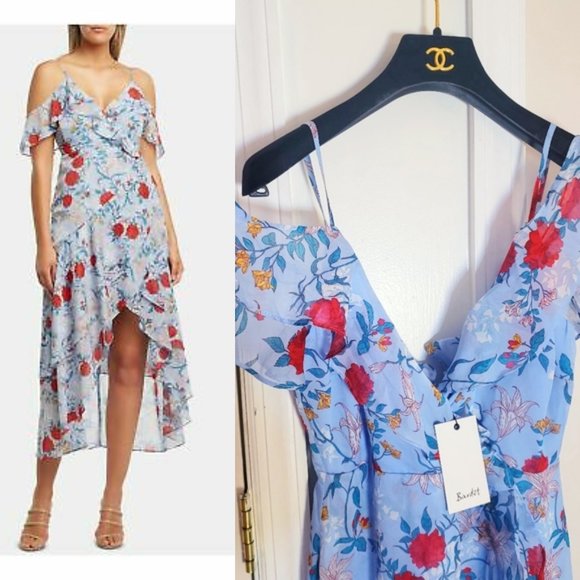 New BARDOT Chiffon Floral Print Maxi Dress XS Midi Slit Ruffle - Picture 12 of 13